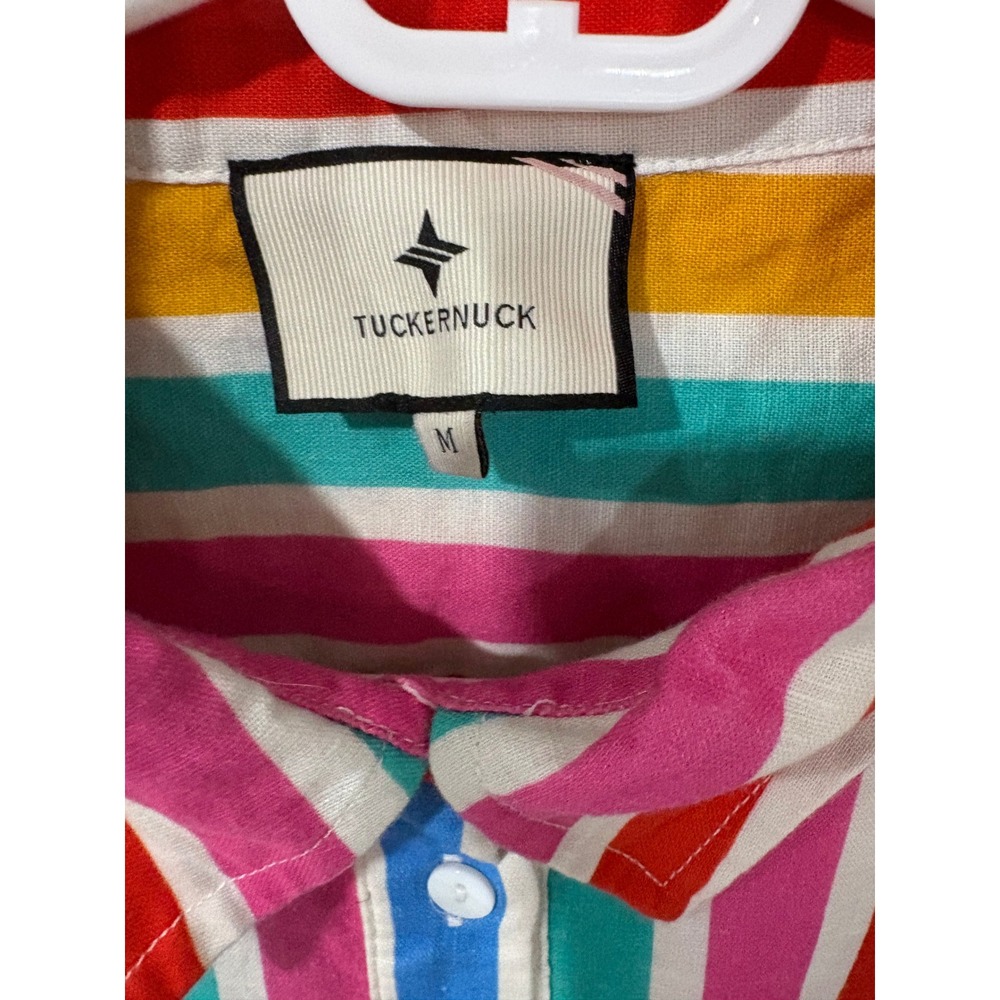 Tuckernuck Multi Color Stripe Ruffle Hem Mini Shirtdress Linen Blend Small - Picture 9 of 10